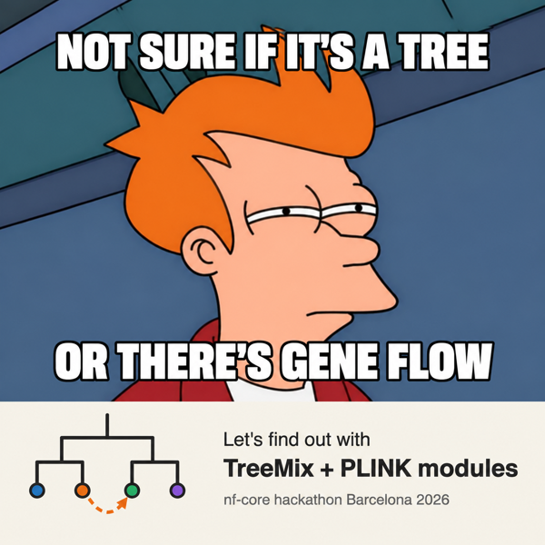 Meme of Fry from Futurama squinting suspiciously, captioned: Not sure if it's a tree or there's gene flow. A strip below shows a small population tree with a dashed migration edge and the text: Let's find out with TreeMix + PLINK modules, nf-core hackathon Barcelona 2026.